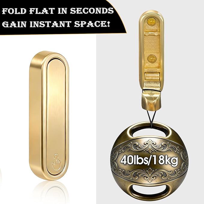 Foldable Gold Wall Hooks for Hanging Purses, Heavy Duty Folding Coat Hooks, 2 Pack Purse Hook for Wall that Stays Flat, Towel Robe Hooks for Bathroom, Closet, Entryway, Zinc Alloy 