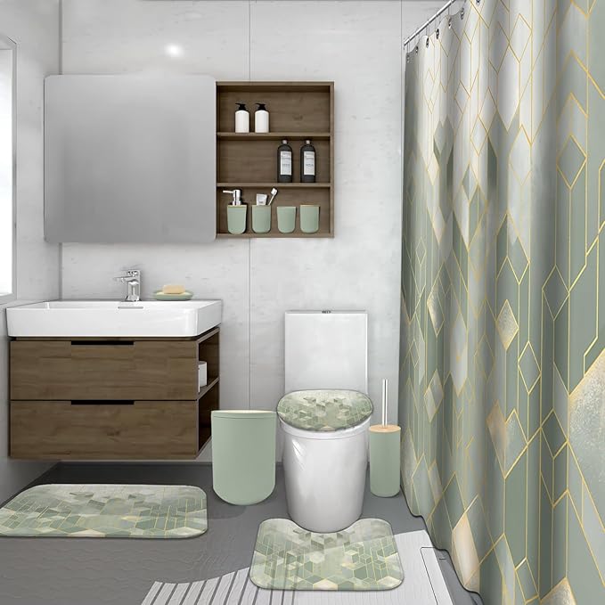 Lnond Sriral Green Bathroom Set, Green Abstract Cubes Bathroom Accessories Sets Complete, Luxury Restroom Set with Shower Curtain and Rugs, Trash Can, Toilet Brush Holder Set & Soap Dispenser
