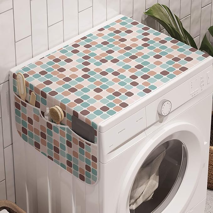 Ambesonne Abstract Washing Machine Organizer, Rounded Squares Illustration, Anti-slip Fabric Top Cover for Washer Dryer, 47" x 18.5", Teal Brown