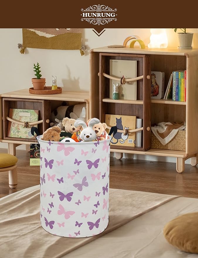 HUNRUNG Laundry Hamper,Large Canvas Fabric Lightweight Storage Basket Toy Organizer Dirty Clothes Collapsible Waterproof for College Dormsï¼Round-Butterflyï¼
