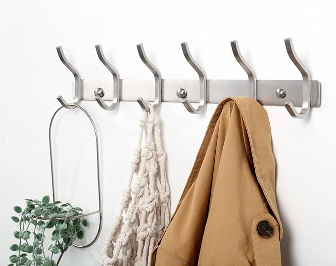 304 Stainless Steel Wall Hooks, 17 Inch Coat Rack Wall Mount with 6 Hooks,Silver Wall Hooks Hangers for Entryway, Bathroom - for Hanging Backpack, Bag, Coat, Purse, Hat, Towel, Clothes,2 Packs