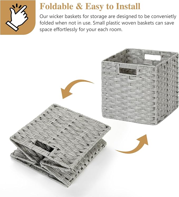 DULLEMELO Wicker Baskets With Liner Set of 4, 11x11x11 Inch Collapsible Storage Bins, Decorative Organizing Baskets, Light Grey