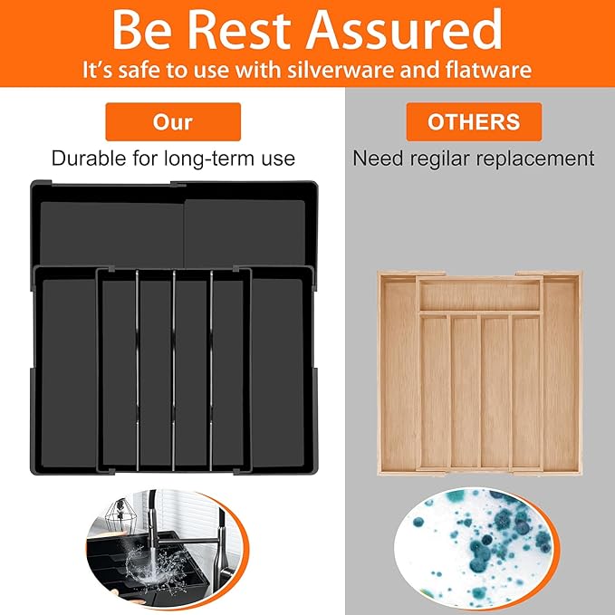Large Kitchen Silverware Organizer - Expandable 17.2" x 17.9" Adjustable Drawer Tray, 4-7 Compartments for Maximum Storage, BPA-Free, Black,L
