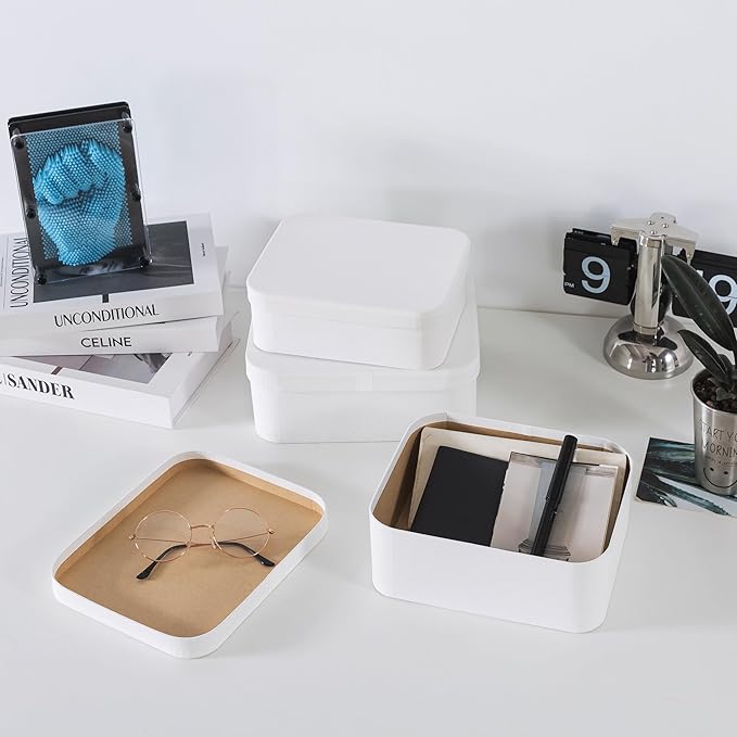 Soul & Lane Set of 3 Textured White Boxes with Rounded Edges, Decorative Cardboard Boxes with Lids, Large Nesting Paperboard Containers for Gifts, Organizing, Keepsakes