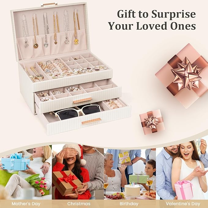 Dajasan Jewelry Boxes for Women, Jewelry Organizers and Storage with 2 Drawers, Large Jewelry Organizer Box for Necklaces Rings Earrings Bracelets, Gift Idea, Modern Style (Beige)