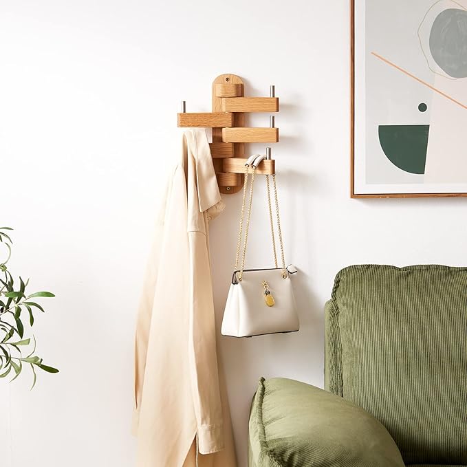 Swivel Coat Rack Oak Coat Hooks, Wood Wall Hooks with 5 Swivel Foldable Arms, 12'' Length Wall Coat Rack Hat Hooks for Bathroom Entryway Bedroom Office Kitchen, Heavy Duty (Natural)