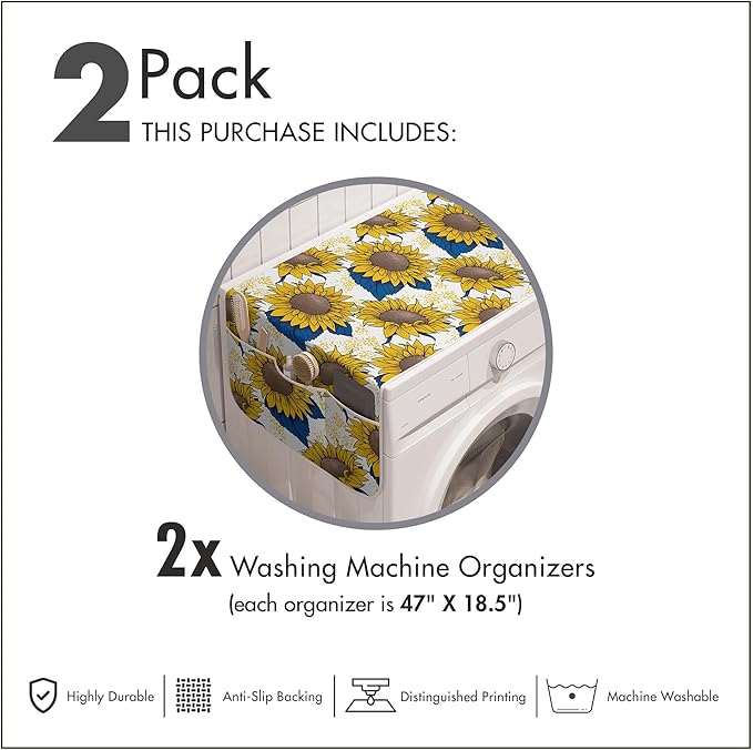 Ambesonne Sunflower Washing Machine Organizer Pack of 2, Graphic Harvest Themed Illustration Cartoon Design, Anti-Slip Cover for Washers Dryers, 47" x 18.5", Yellow Blue