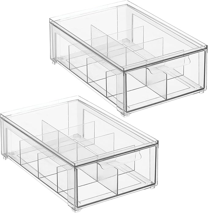 mDesign Plastic Kitchen and Pantry Organizer with Divided Drawer - Stackable Bin with 8 Sections for Tea and Snack Food - Perfect for Organizing Cabinet, Fridge - Lumiere Collection - 2 Pack - Clear