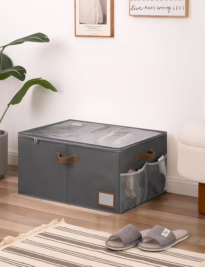 StorageWorks Shoe Organizer for Closet, Shoe Cubby Storage Containers for Sneakers and Heels, Shoe Rack for Closet with Clear Cover & Side Mesh Pocket, Fits up to 20 Pairs, Grey