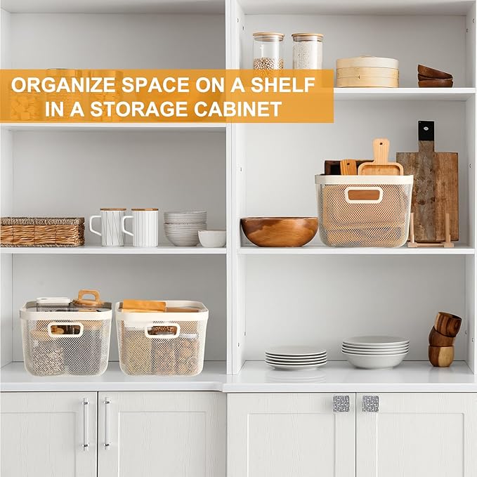 4 Pack Metal Mesh Basket with Hollow Handles White Wire Storage Bin for Organizing Stackable Metal Fine Mesh Basket for Pantry Bathroom Kitchen Cabinets Shelves (Large)