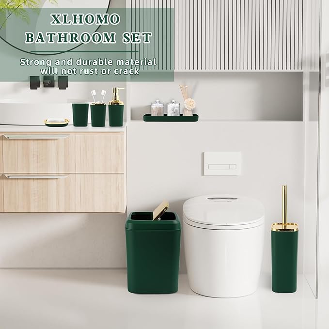 Bathroom Set - Green and Gold Bathroom Accessories, Bathroom Sets with Shower Curtain and Rugs, Green Shower Curtain Set with Bathroom Trash Can, Soap Dispenser, Soap Dish for Home Decor