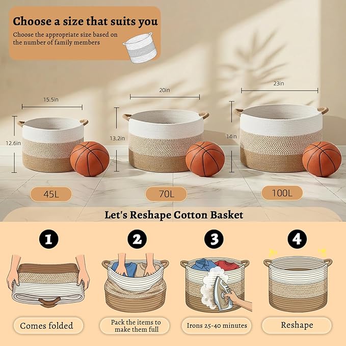 70L Large Cotton Rope Basket, Decorative Woven Blanket Storage for Living Room, Boho Toy Storage & Toy Box for Kids, Versatile Laundry Basket & Nursery Hamper for Blankets(Brown)