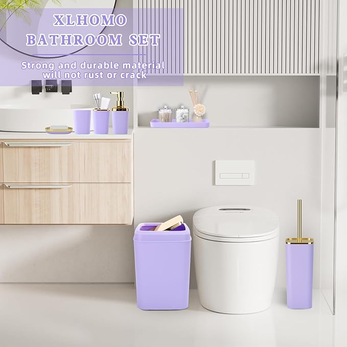 Bathroom Set - Purple and Gold Bathroom Accessories, Bathroom Sets with Shower Curtain and Rugs, Purple Shower Curtain Set with Bathroom Trash Can, Soap Dispenser, Soap Dish for Home Decor