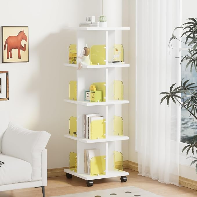 VECELO 4 Tier Rotating Bookshelf, 360°Corner Display Shelf with Wheels, Book Storage with Acrylic Windows, Wood Narrow Book Shelf Organizer for Small Space, Bedroom, White