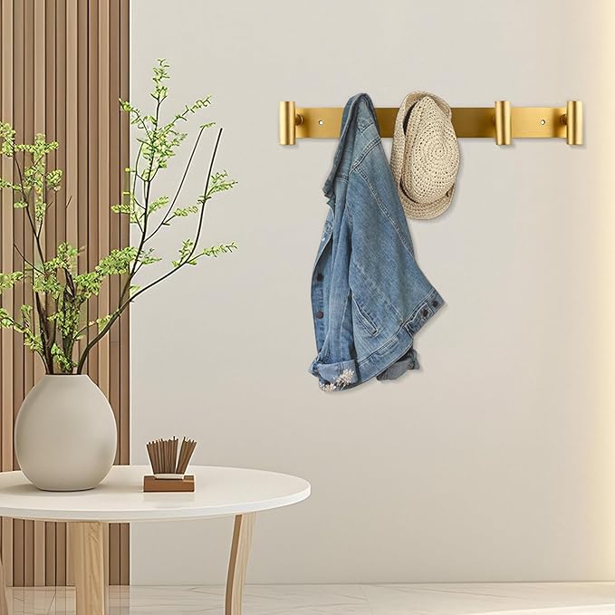 Gold Coat Hooks, Wall Mounted Coat Rack – 5 T-Shaped Towel Rack for Hats, Bags & Towels, Heavy-Duty Metal Rail for Entryway, Bathroom, Closet, Bedroom