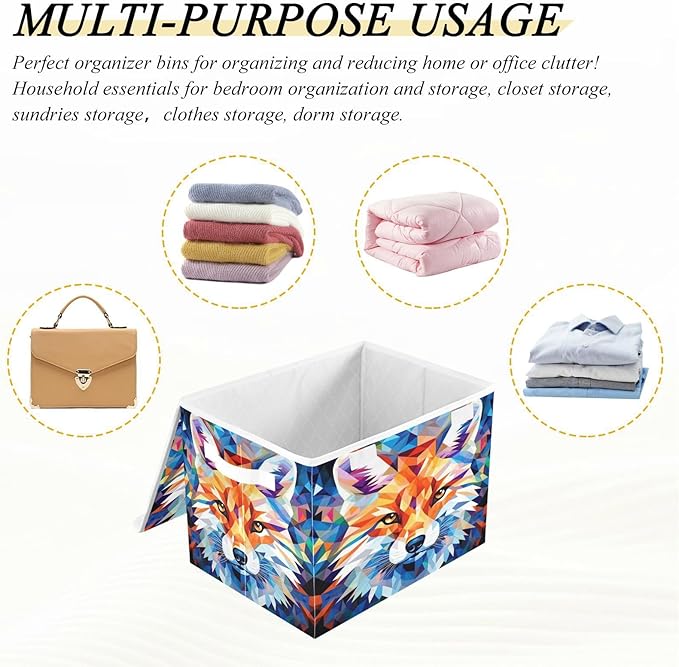 Fox Geometric Collapsible Storage Bins with Lids Decorative Fabric Cubes Closet Organizer Basket Boxes Containers for Clothes Box Chest Folding Rectangle