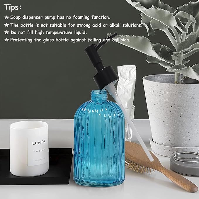 Blue Glass Soap Dispenser Set with Black Pump, 13.5oz Refillable Liquid Hand Soap Dispenser, Lotion Dish Soap Dispenser for Modern Home Decor, Kitchen Countertop, Bathroom, Hotel(2 Pack)