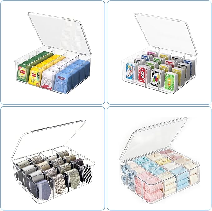 Tea Bags Organizer with Lids - Acrylic Tea Packet Organizer for Countertop Pantry, Stackable Clear Storage Box - Large 2pcs