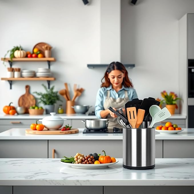 Kitchen Utensil Holder, Extra Large 360° Rotating Cooking Utensil Holder for Countertop, Stainless Steel Organizer Silverware Caddy 3 Compartment Flatware with Removable Base(Silvery)