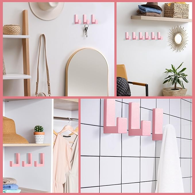 6 Pack Cute Kids Coat Wall Hooks Wooden Adhesive Decorative Colorful Wall Mounted Hangers Backpack Hooks for Hanging Keys Towel Clothes Bathroom Organization(Pink)