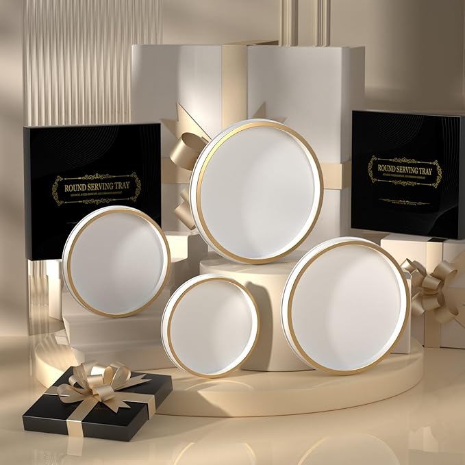 10" Small Gold and White Tray, Lightweight Metal Round Vanity Tray for Bathroom, Candle Holder for Living Room Decor