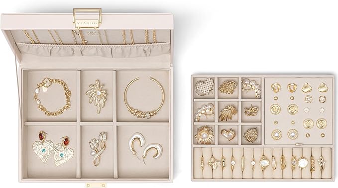 Vlando 2 Layer Jewelry Box Large Jewelry Organizer for Women Removable Jewelery Tray for Necklace Earrings Rings Bracelets Christmas Gifts for Mom Wife (Light Pink)