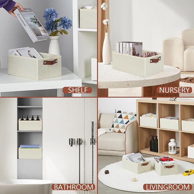HNZIGE Fabric Small Baskets for Organizing, 6 PCS Storage Organizer Bins for Shelves, Small Bins for clothes with Handles, Shelf Closet Storage Bins for Organizer Home, Office(Cream,11.8 x 7.8 x 5.1)