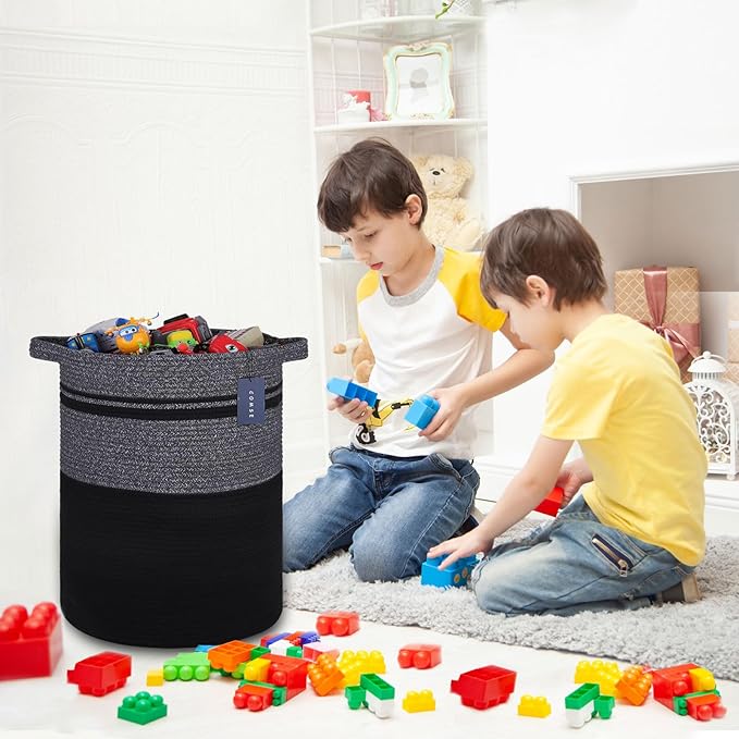 COMSE Extra Large Blanket Basket, Tall Laundry Basket, Nursery Hamper, 15.7âx 21.7â, Cotton Rope Woven Laundry Hamper for Storage Toys Clothes Towels, Black