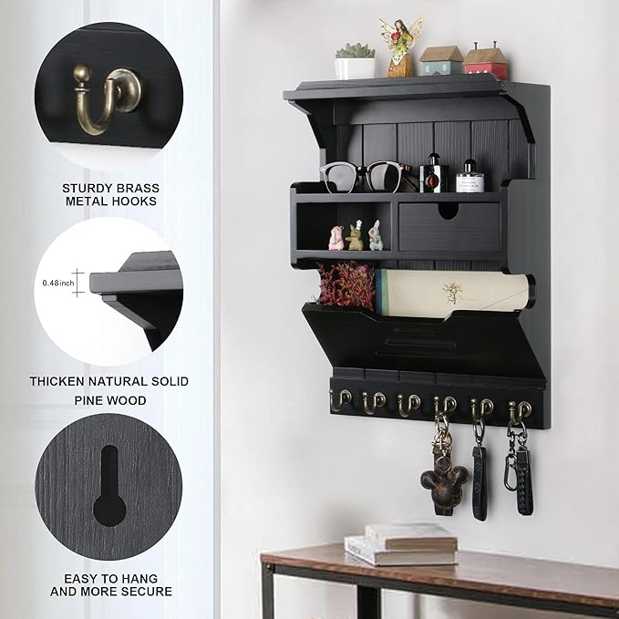 Key Holder for Wall, Elegant Wall-Mounted Mail Organizer with Storage Drawers, Black