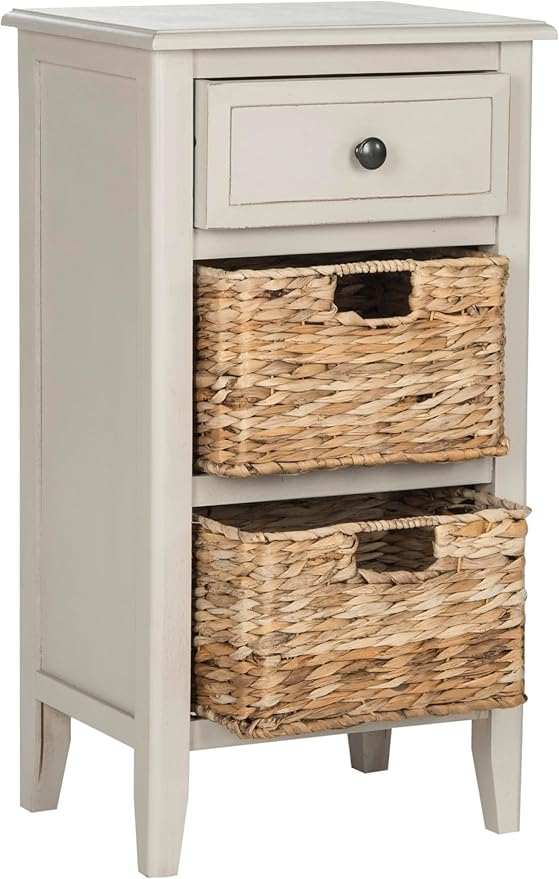 SAFAVIEH Home Collection â Everly Vintage Grey 3-Drawer Side Table with Woven Basket Storage, Fully Assembled Farmhouse Accent Table (AMH5743D)