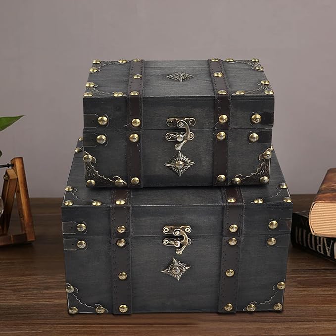 POWER UNICO FLOWER Vintage Treasure Lock Storage Box â Handmade Wooden Decorative Chest, Perfect Keepsake Box for Home Décor, Jewelry, Trinkets and Gift Storage (301-Combo2)