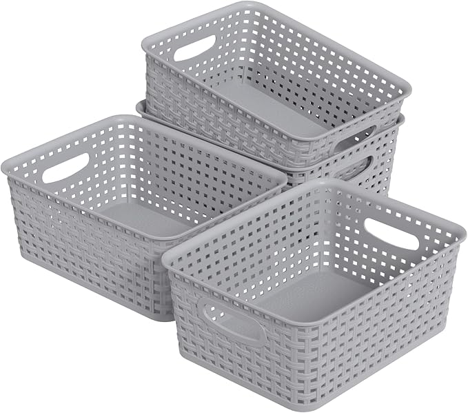 6-Pack Plastic Storage Baskets, Woven Plastic Open Storage Bin, Grey Basket for Organizing, 10.3" x 7.48" x 4.09"