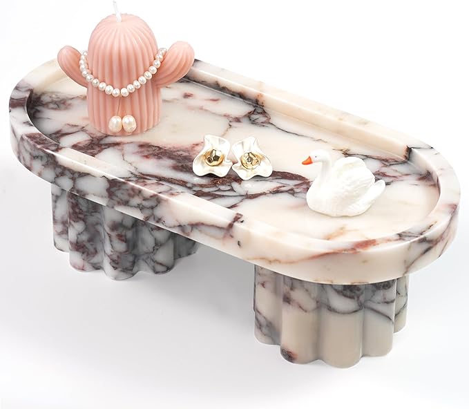Marble Perfume Tray with Legs - Oval Decorative Stone Pedestal for Bathroom Vanity Coffee Table Kitchen Countertop, Footed Jewelry Candle Organizers Catchall Plate Riser with Scalloped Feet
