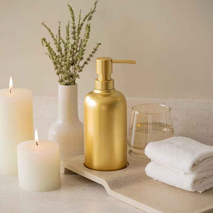 Gold Soap Dispenser for Kitchen & Bathroom – 15 oz Refillable Resin Pump Bottle for Dish Soap, Hand Soap, Shampoo, Conditioner – Modern Countertop Dispenser with Non-Slip Protective Pads