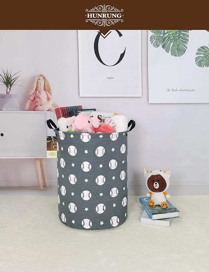 HUNRUNG Laundry Hamper,Large Canvas Fabric Lightweight Storage Basket Toy Organizer Dirty Clothes Collapsible Waterproof for College Dorms, Children Bedroom,Bathroomï¼Round-Grey Baseballï¼