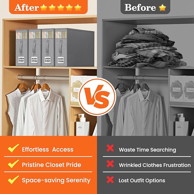 WOWBOX Sheet Organizers and Storage,Closet Bed Sheet Organizer Under Bed Storage and Organization with Label Cards & Clear Window for Bedding Sheets,Duvet Covers,Blankets (8 Pack,Gray)