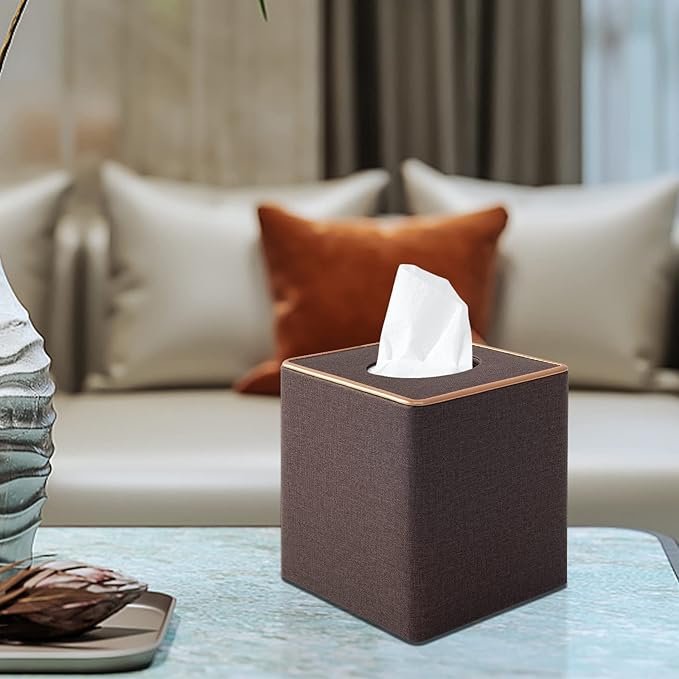 Linen Square Tissue Box Cover,Cube Tissue Box Holderï¼Excellent Rosegold Leather Decoration,Table Napkin Case Dispenser,Facial Tissues Organizer with Magnetic Bottom for Home Office Car(Coffee)
