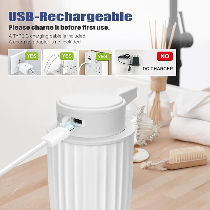 Automatic Soap Dispenser Liquid Touchless: 9oz Plastic White - Rechargeable Electric Smart 3-Level Adjustable Modern Auto Soap Dispenser - Bathroom Kitchen Hand Dish Lotion