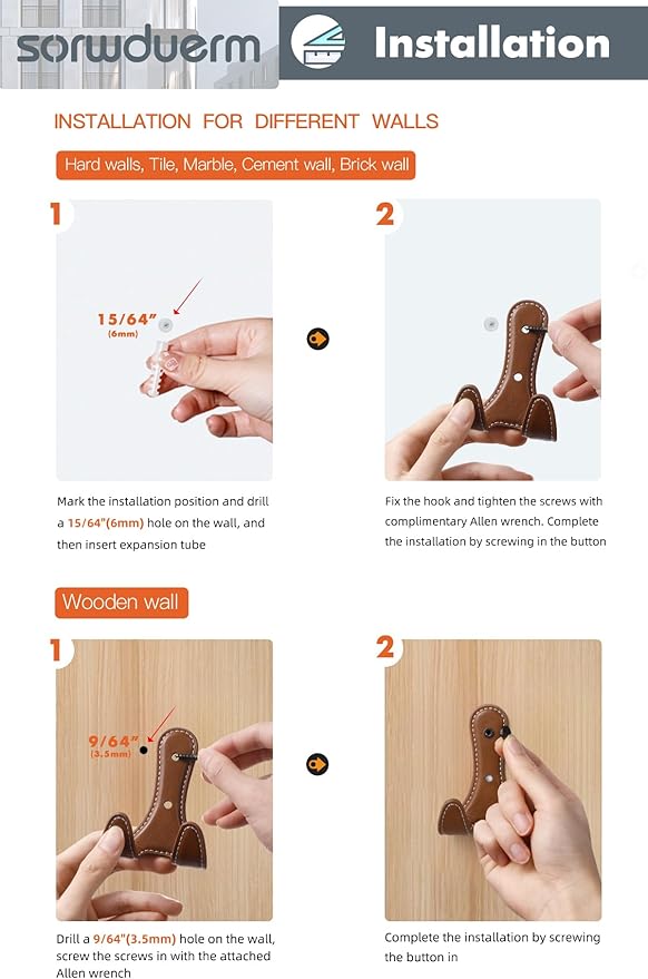 2 Pack Brown Leather Coat 2 Hooks Wall for Hanging Round Coat Hooks for Hanging Robe Towels Bags Hats Scarf Keys Clothes Suitable for Bedroom, Entryway and Closet
