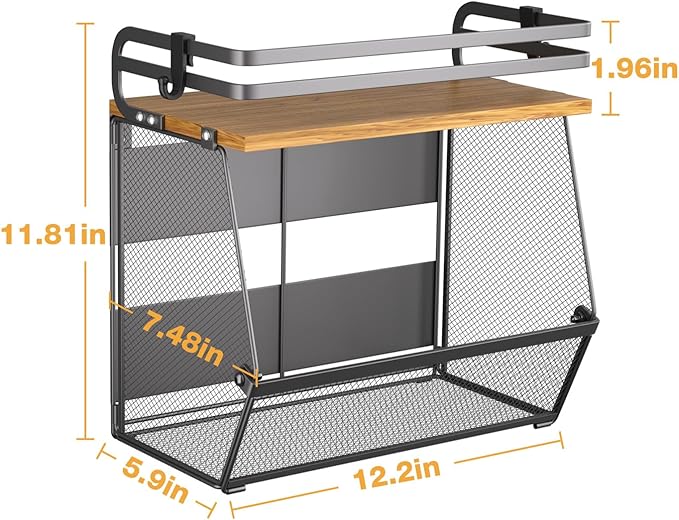 Magnetic Shelf for Fridge with Wood Lid, Large Capacity Magnetic Spice Rack for Refrigerator Kitchen Storage Bin for Fruit, Onion, Potatoes, Storage Organizer for Counter & Cabinet, Mesh Basket