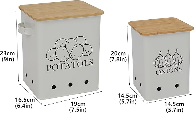Kitchen Vegetable Storage Tins Set of 2 for Potatoes, Onion, with wooden lid Garlic Bin Caddy, Long Shelf Life-white