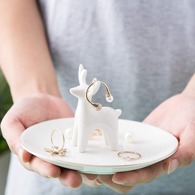Kimdio Ring Holder Ceramic Christmas Deer Jewelry Tray Jewelry Dish Necklace and Earring Holder for Women Home Decor Gift for Christmas Birthday Wedding etc.