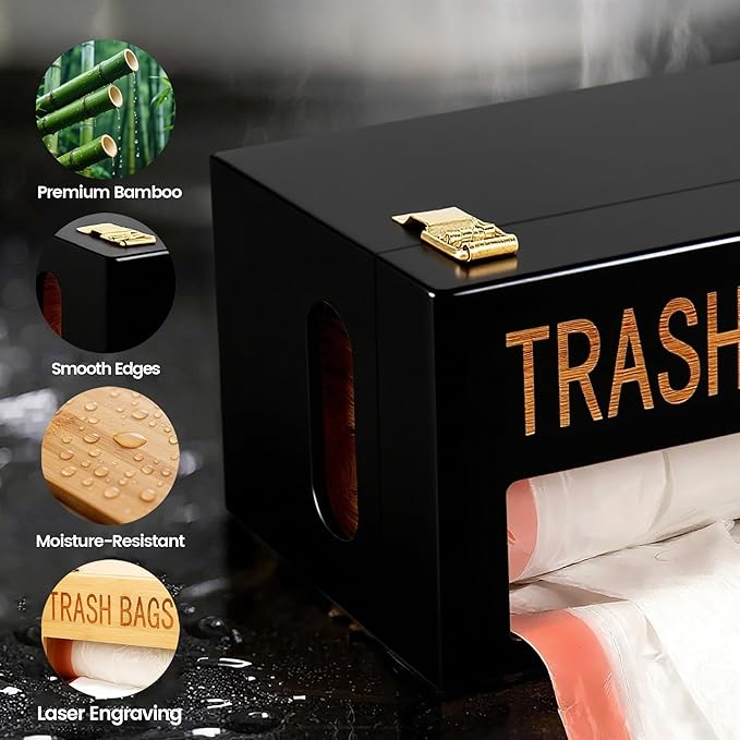 Extra Large Black Bamboo Trash Bag Organizer Roll Holder, Fits Costco & Sam's Club Jumbo Rolls, Under-Sink, Cabinet & Wall Mount Dispenser, Garbage Bag Storage for Kitchen, Pantry, Garage