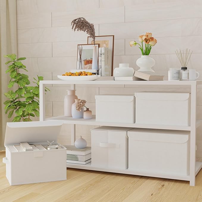 Storage Bins with Lids for Organizing, Closet Boxes with 2 Carrying Handles and Sturdy Heavy Cardboard, Home Organizers Cubes, 4 Pack, White, 15 x 9.8 x 9.8 In, XSNY12WL-4