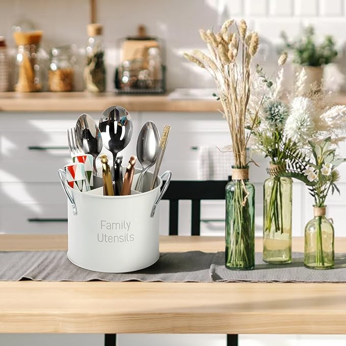 Vintage Utensil Holder, 4 Compartment Metal Silverware Caddy with Removable Divider, Rotating Spatula Crock for Countertop, White Cooking Utensil Organizer for Spoons Knives Forks