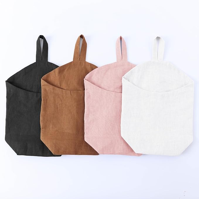 100% Linen Hanging Storage Bags Baskets 2 Pcs, Small Wall Storage Bag for Kitchen, Bedroom, RV Camper Organizer, Sewing Room, Nursery Storage, Kids Room (Black)