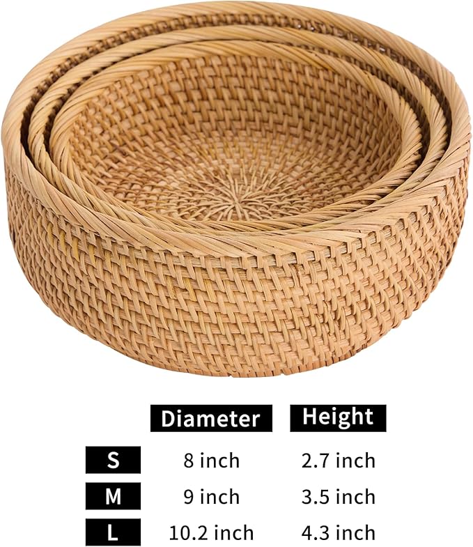 Hand-Woven Stackable Rattan Basket, Set of 3, Fruit Bread Serving Bowls, for Farmhouse Kitchen Storage & Decor