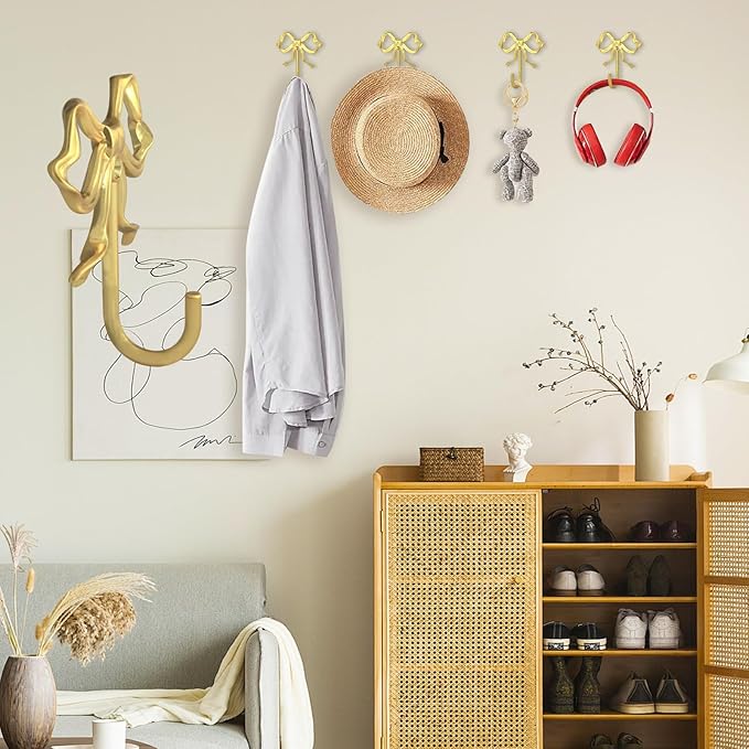4 PCS Large Size Gold Bow Wall Hook, Gold Coat Hook, Metal Hooks, Bow Room Decor Hooks for Coats, Coffee Mugs, Hats, Bags, Bath Towels and Room Decorations