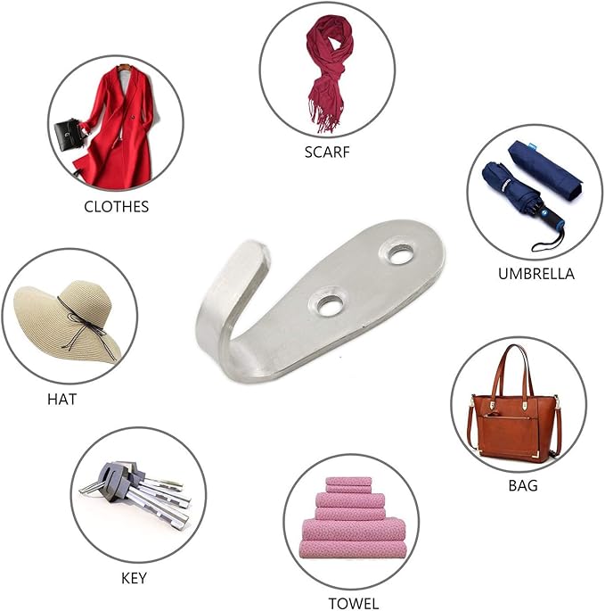 Stainless Steel Coat Hooks - Heavy Duty Wall Mounted Hanger Hooks for Towels, Keys, Hats - Indoor & Outdoor Use - 8 Pack
