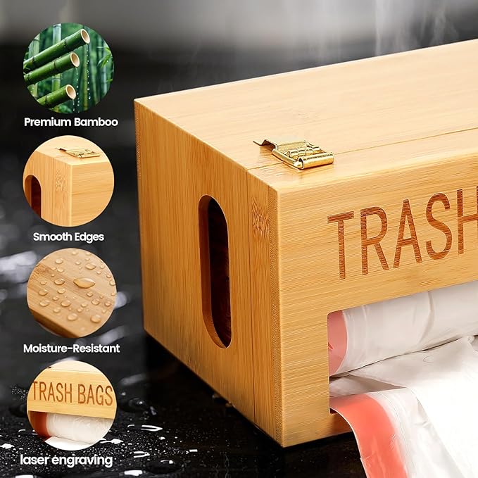 Bamboo Garbage Bag Holder, Multi-Mount Space-Saving Trash Bag Organizer for Kitchen, Pantry, Holds 8-33 Gallon Rolls & 50+ Grocery Bags, Under-Sink/Wall-Mounted/Cabinet Storage